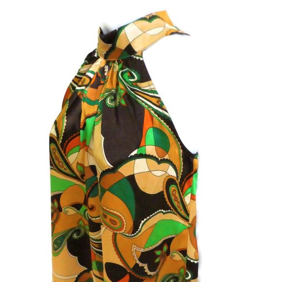 Vintage Famosa Top Satin Sleeveless Paisley 70s Mock Tie Psychedelic USA Small - Picture 2 of 6